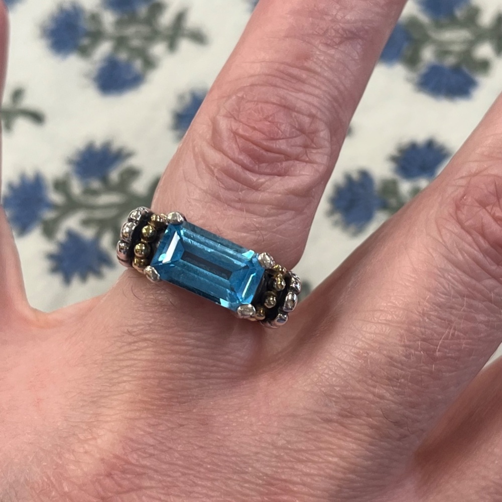 Lagos Blue Topaz Caviar Sterling Silver & 18K Yellow Gold Ring Size 7 - Picture 16 of 16